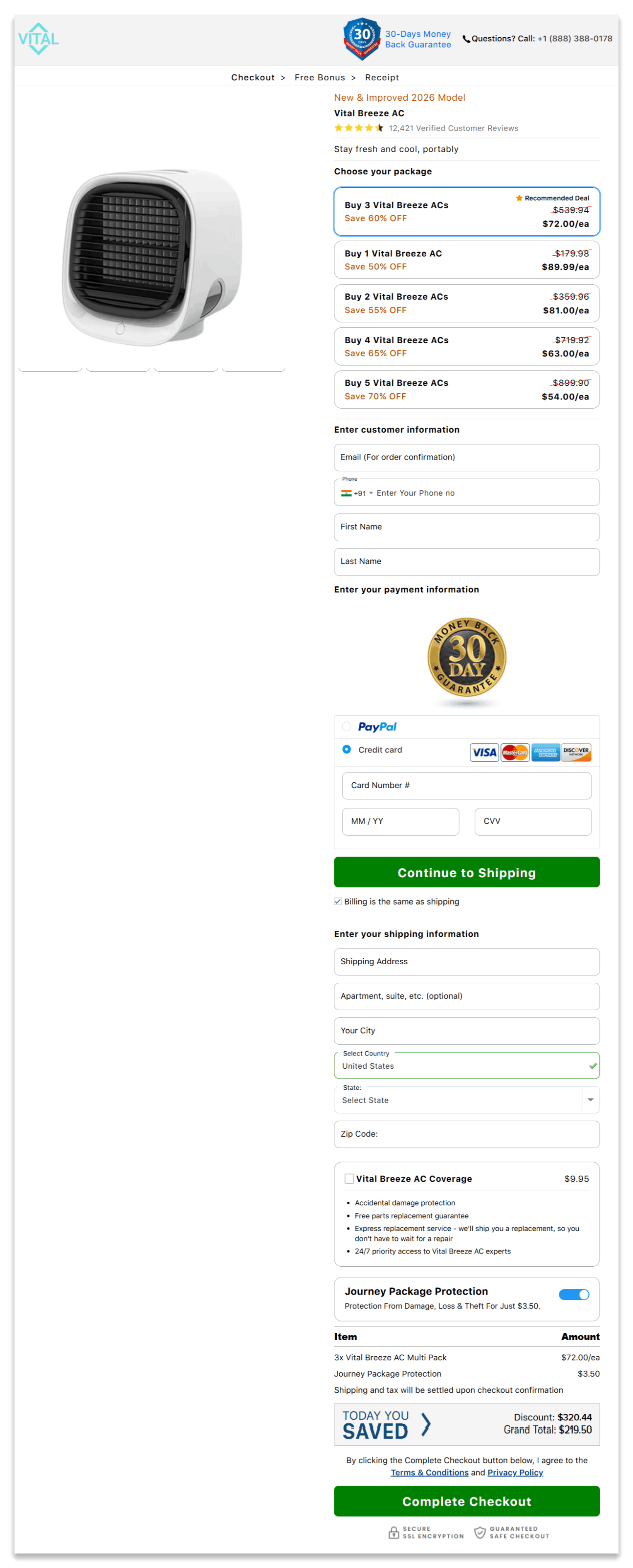 Vital Breeze AC checkout page